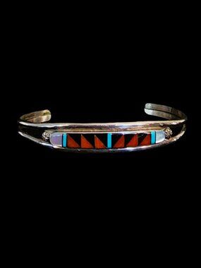 Vintage Native American Sterling Silver Inlay Cuff Bracelet J Cheama Zuni